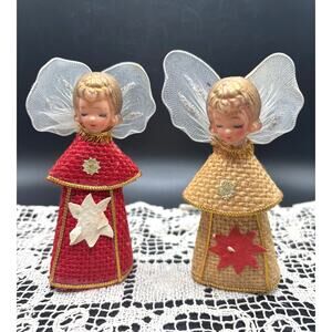 Vintage Burlap Angel Ornaments Set of Two Paper Cone Angels Retro Holiday Decor